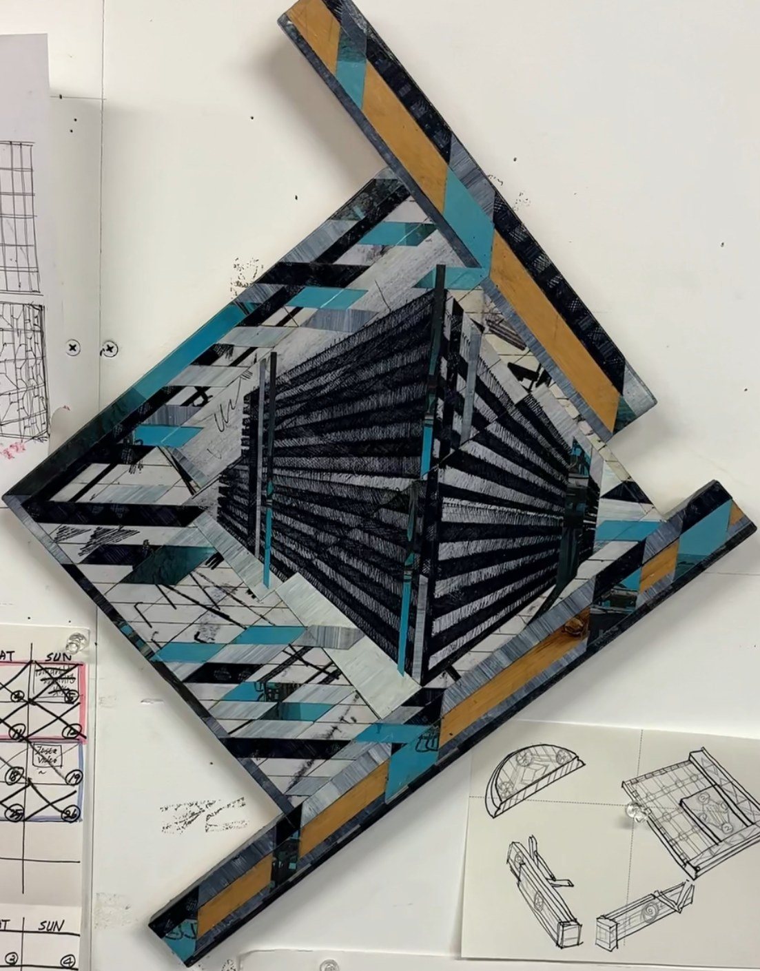 Joonhong Min, shaped panel in pen and acrylic on wood